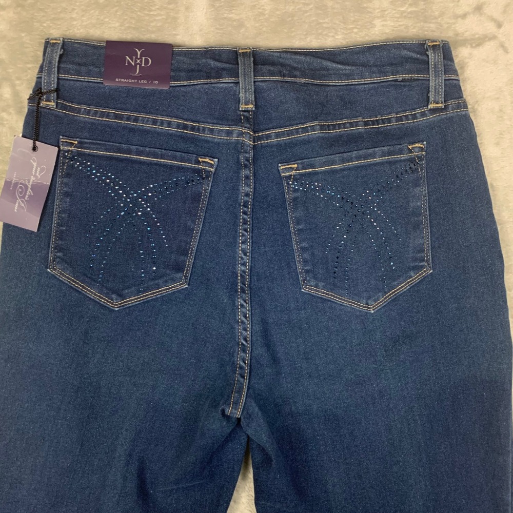 NEW NYDJ Straight Leg Jeans Womens 10 Blue Denim Rhinestone Sparkle Stretch USA